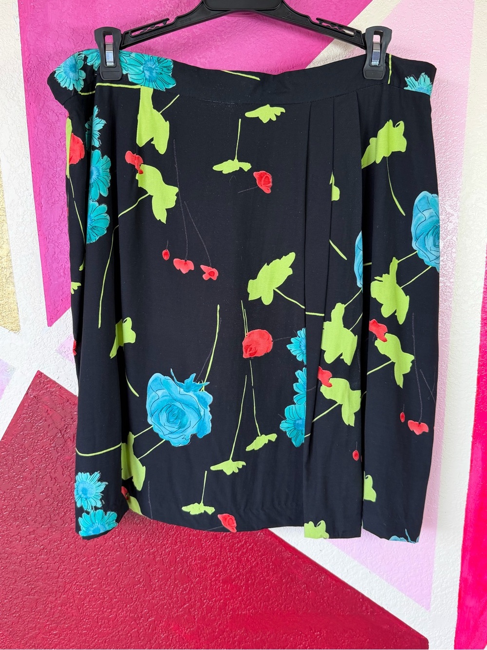 Framework Silk Floral Mini Skirt Sz 16 Black Teal Pleated Front